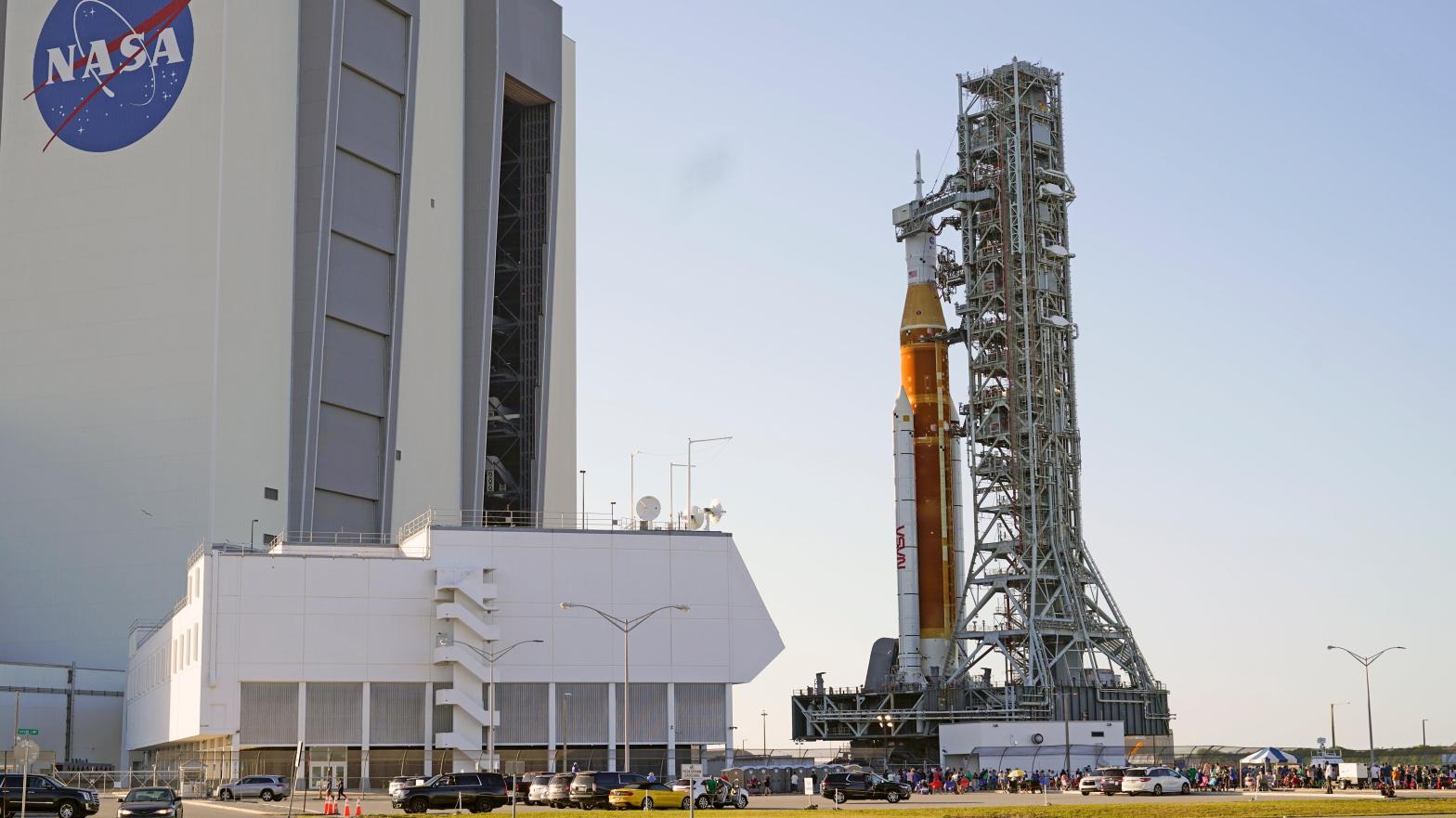 SLS leaving the Vehicle Assembly Building and moving slowly on its 10-hour, 28-minute trek to Launch Pad 39B at Kennedy Space Centre in Florida.  (Photo: John Raoux, AP)