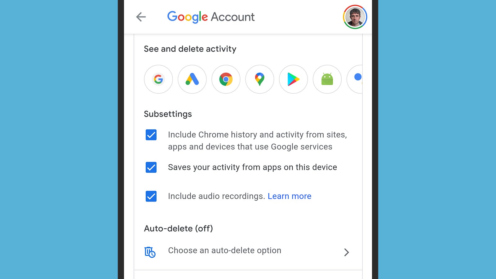 You can turn off audio recordings in your Google activity history. (Screenshot: Android)
