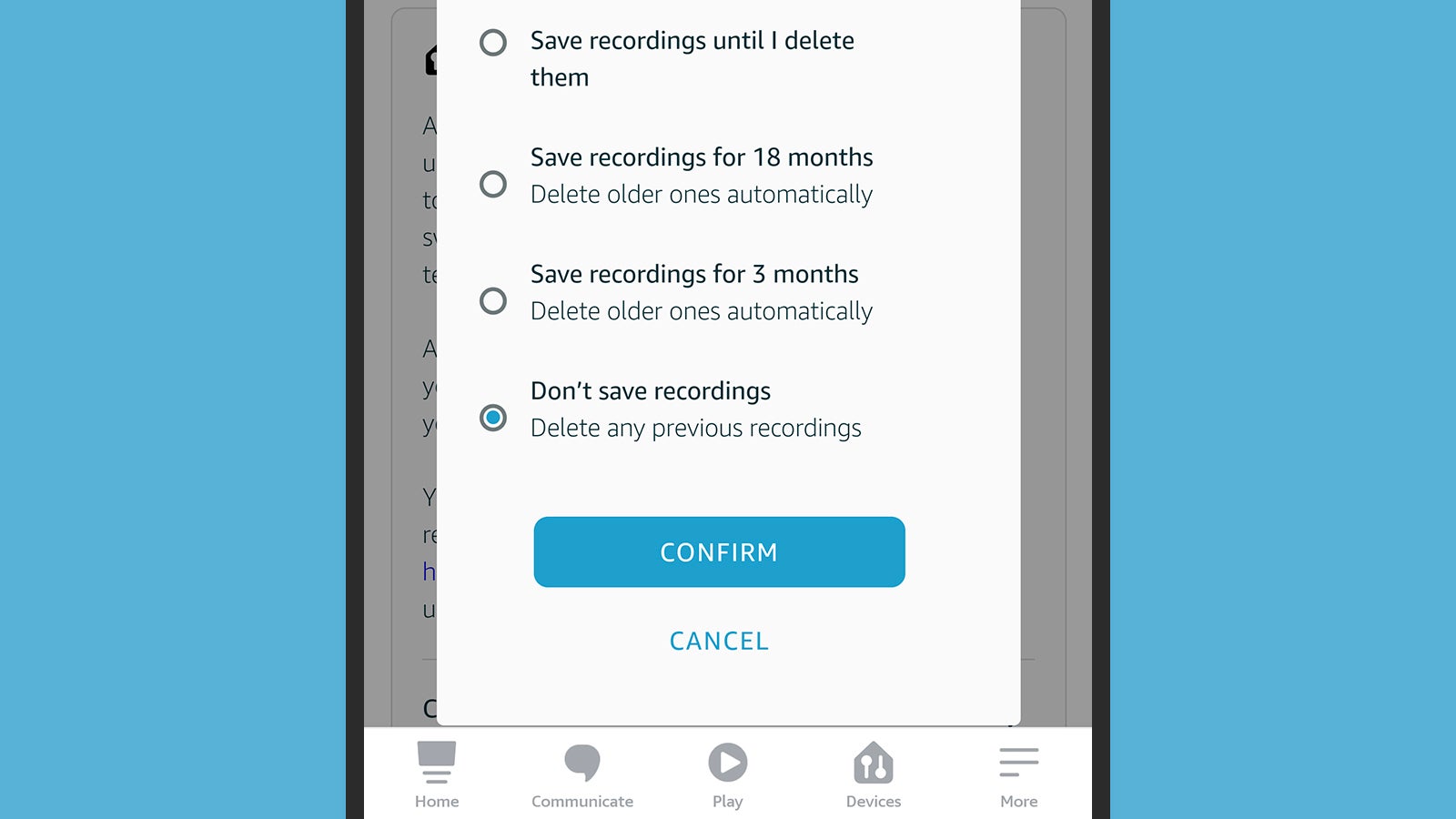 Recording settings in the Alexa app. (Screenshot: Amazon Alexa)