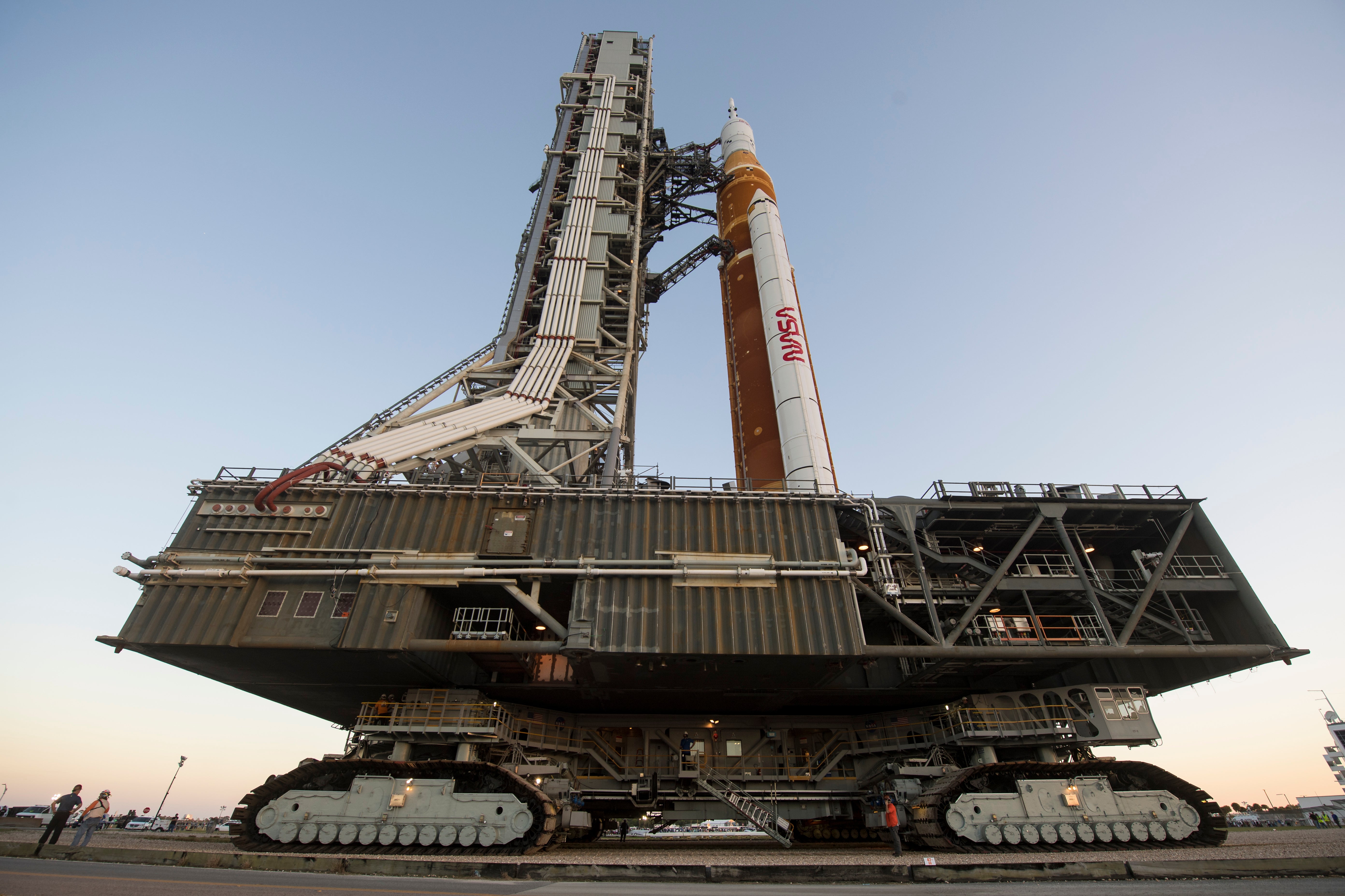 An impressive photo showing the crawler and SLS rocket.  (Photo: NASA/Aubrey Gemignani, AP)