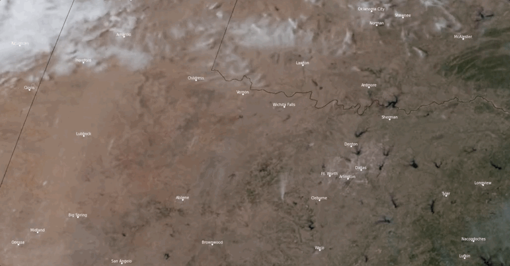 The GOES-East satellite captured images of wildfires burning in Texas and Oklahoma on March 21, 2022. (Gif: NOAA)