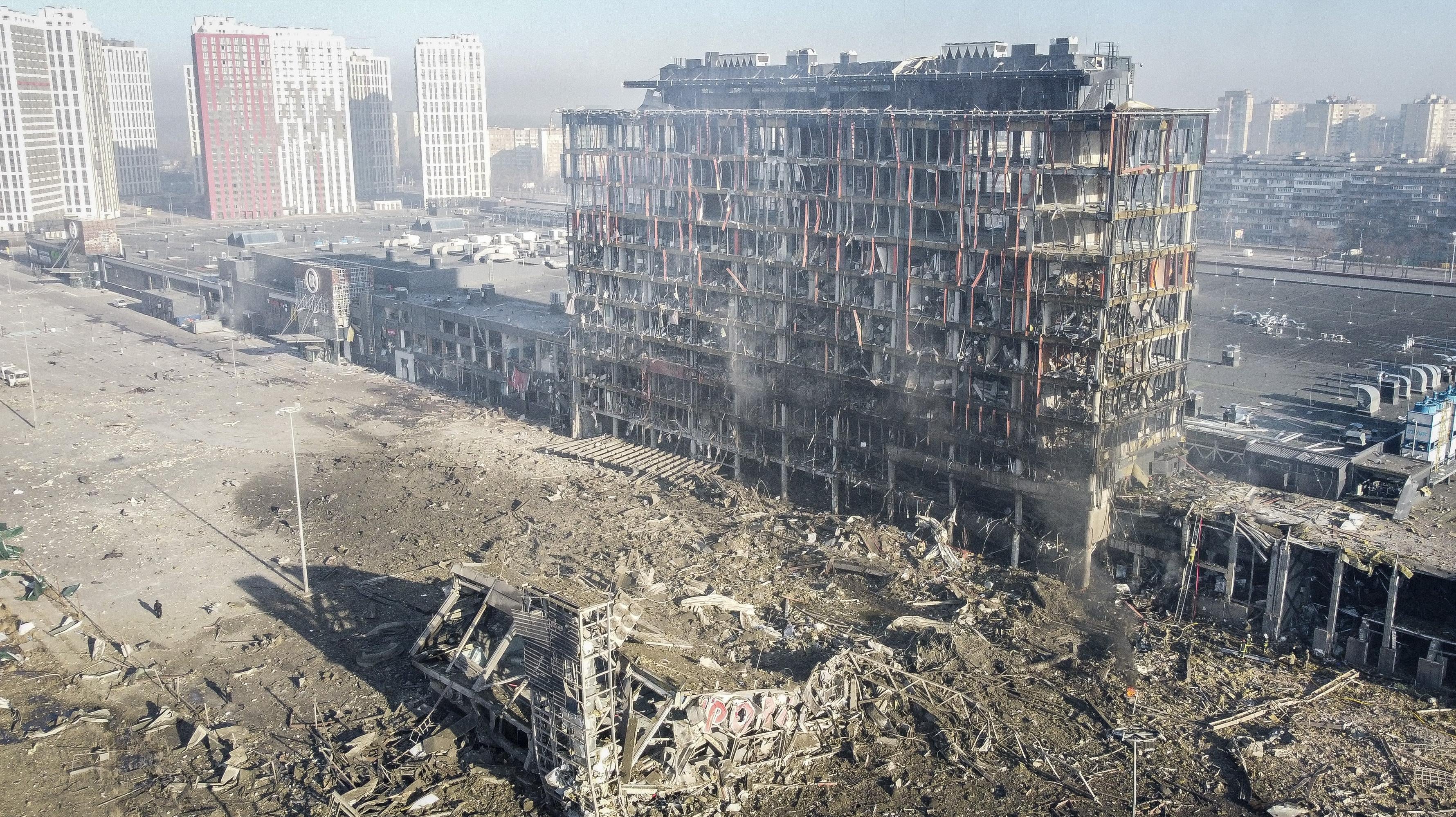 An aerial view of a completely destroyed shopping mall after a Russian shelling in Kyiv, Ukraine on March 21, 2022. (Photo: Emin Sansar/Anadolu Agency, Getty Images)