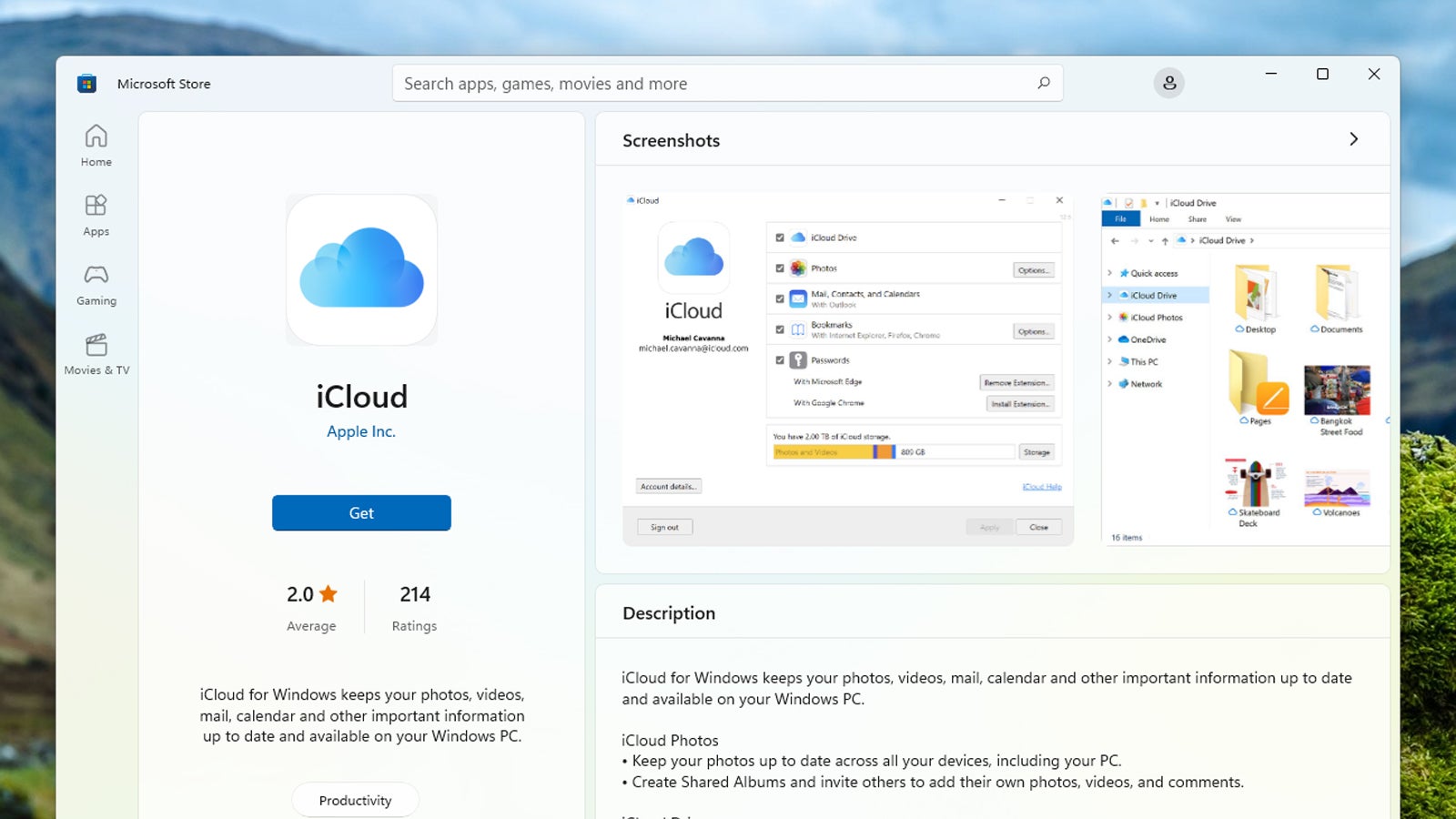 iCloud for Windows is available in the Microsoft Store. (Screenshot: Windows)