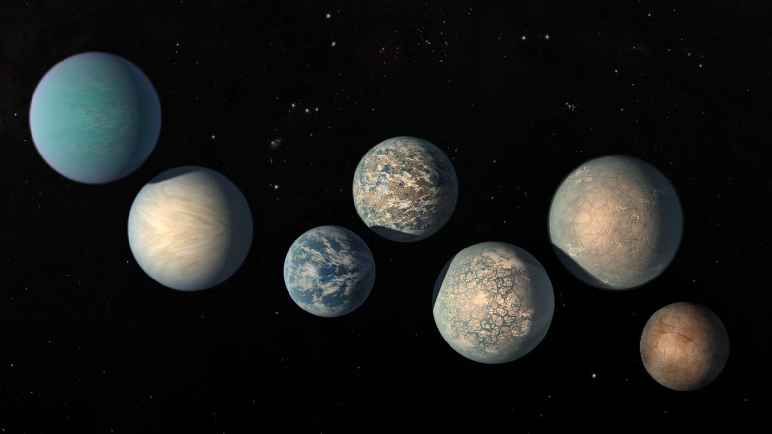 Artist's concept of the planets of TRAPPIST-1, a star system about 40 light-years from Earth. (Illustration: NASA/JPL-Caltech/R. Hurt, T. Pyle (IPAC))