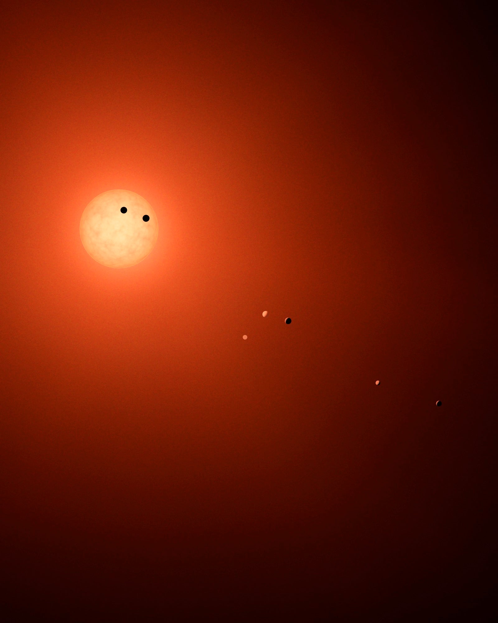 Image shows what the TRAPPIST-1 system would look like from Earth, if we had a telescope powerful enough to see this level of detail. (Illustration: NASA/JPL-Caltech/R. Hurt (IPAC))
