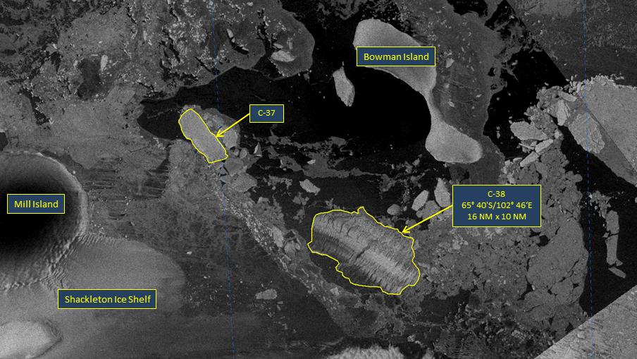 Sentinel-1A image showing the location of the former Conger Ice Shelf. Iceberg C-38 is a Conger remnant, while iceberg C-37 is the product of another recent collapse, that of the Glenzer ice shelf.  (Image: ESA/Sentinel-1A)