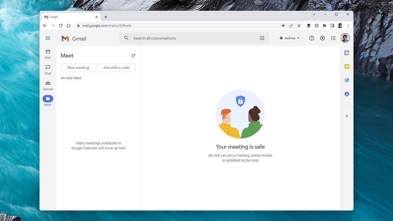 Other parts of the interface — like the Meet pane — are a bit more sparse. (Screenshot: Google Meet)