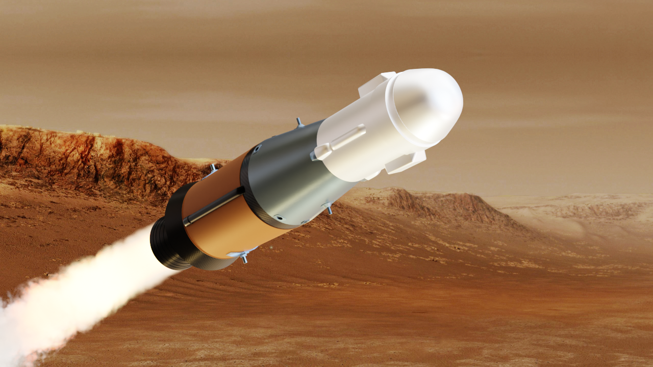 Artist's conception of NASA's Mars Ascent Vehicle, a rocket that will carry surface samples to an ESA-built spacecraft waiting in Mars orbit.  (Image: NASA)