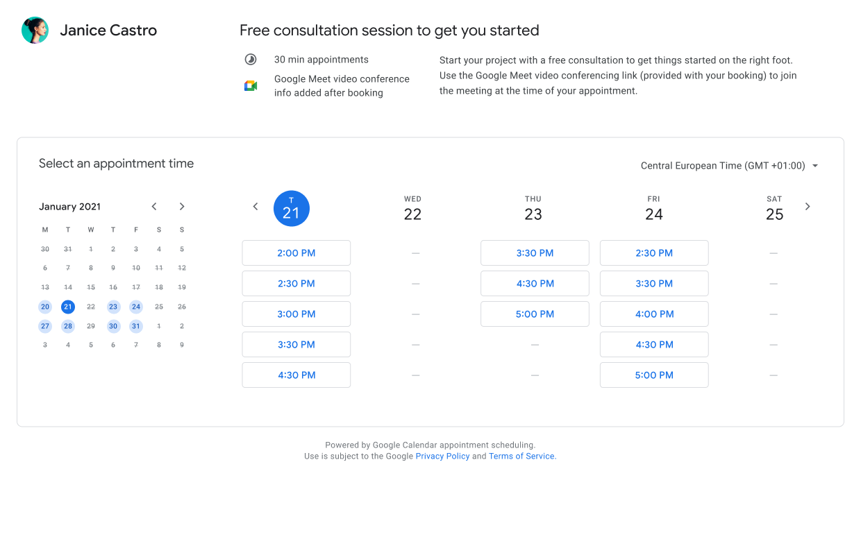 What the appointment scheduling module will look like when it's live.  (Image: Google)