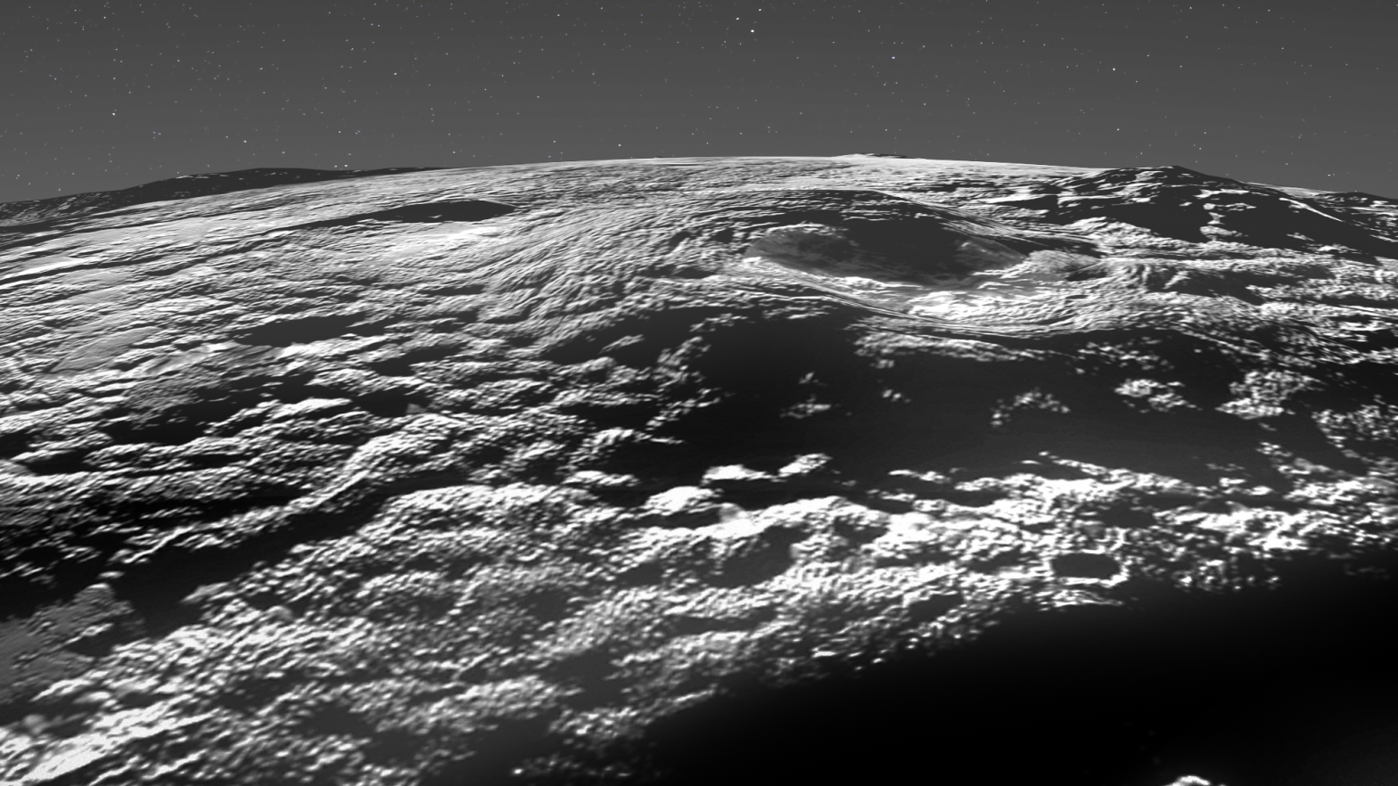 Perspective view of Pluto's icy volcanic region.  (Image: NASA/Johns Hopkins University Applied Physics Laboratory/Southwest Research Institute/Isaac Herrera/Kelsi Singer)