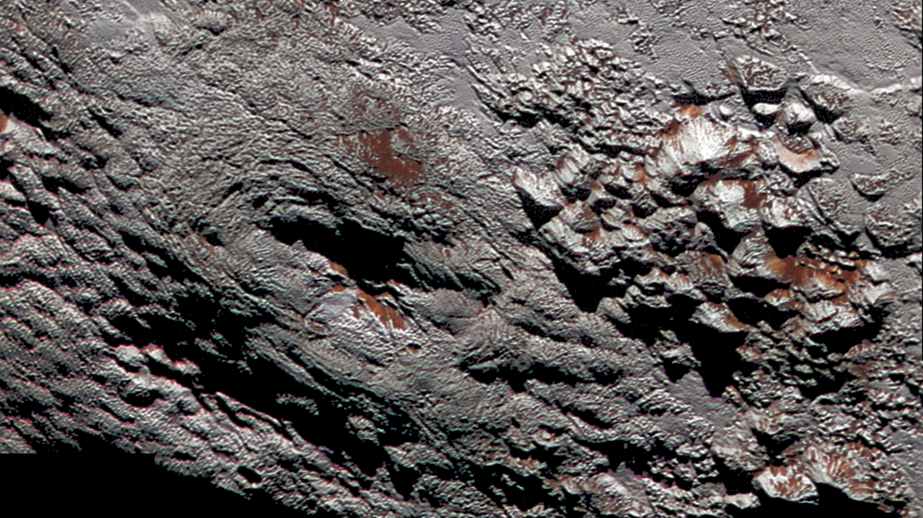 A colorized view of Wright Mons within the cryovolcanic region.  (Image: NASA/JHUAPL/SwRI)