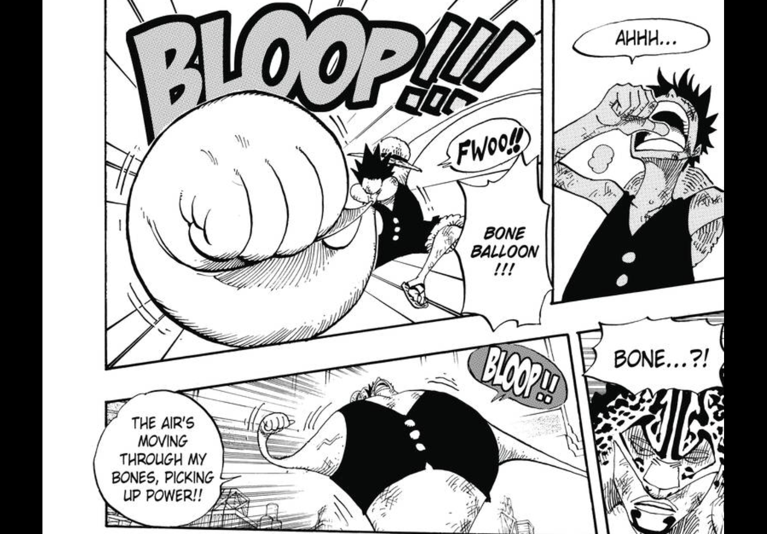 Luffy enters Gear Three, where he blows into his thumb to fill his rubber body with air, enlarging his fist, in Chapter 200. (Image: Eiichiro Oda/SHUEISHA Inc)