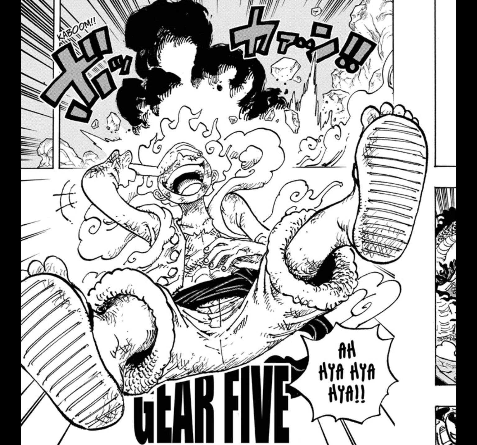 Luffy in his new Joyboy form, also known as his Gear Five power level, as seen in Chapter #1044. (Image: Eiichiro Oda/SHUEISHA Inc)
