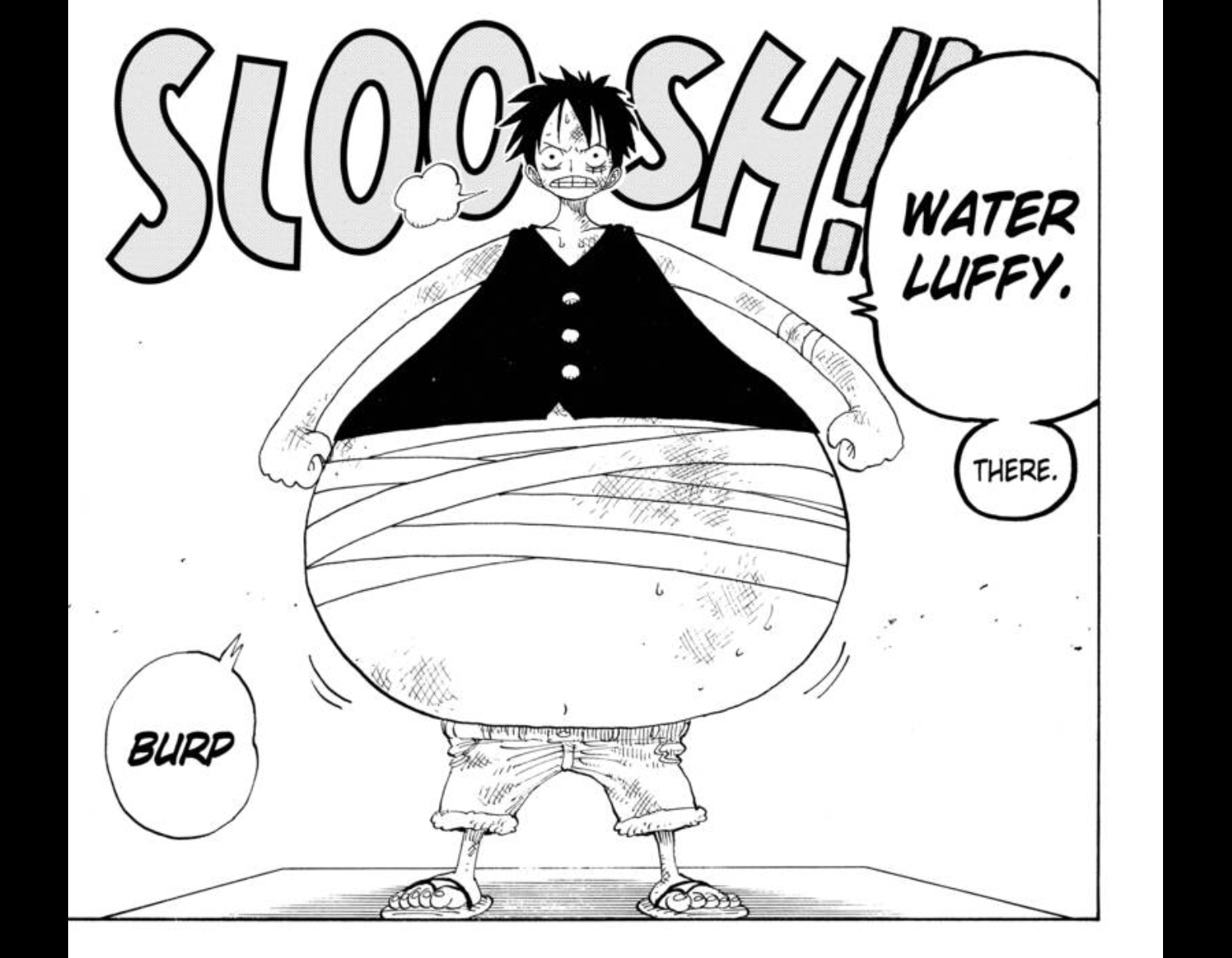Luffy drinks an impossible amount of water to fight an enemy with the Sand-Sand Fruit in Chapter 122. Note: This is very silly. (Image: Eiichiro Oda/SHUEISHA Inc)