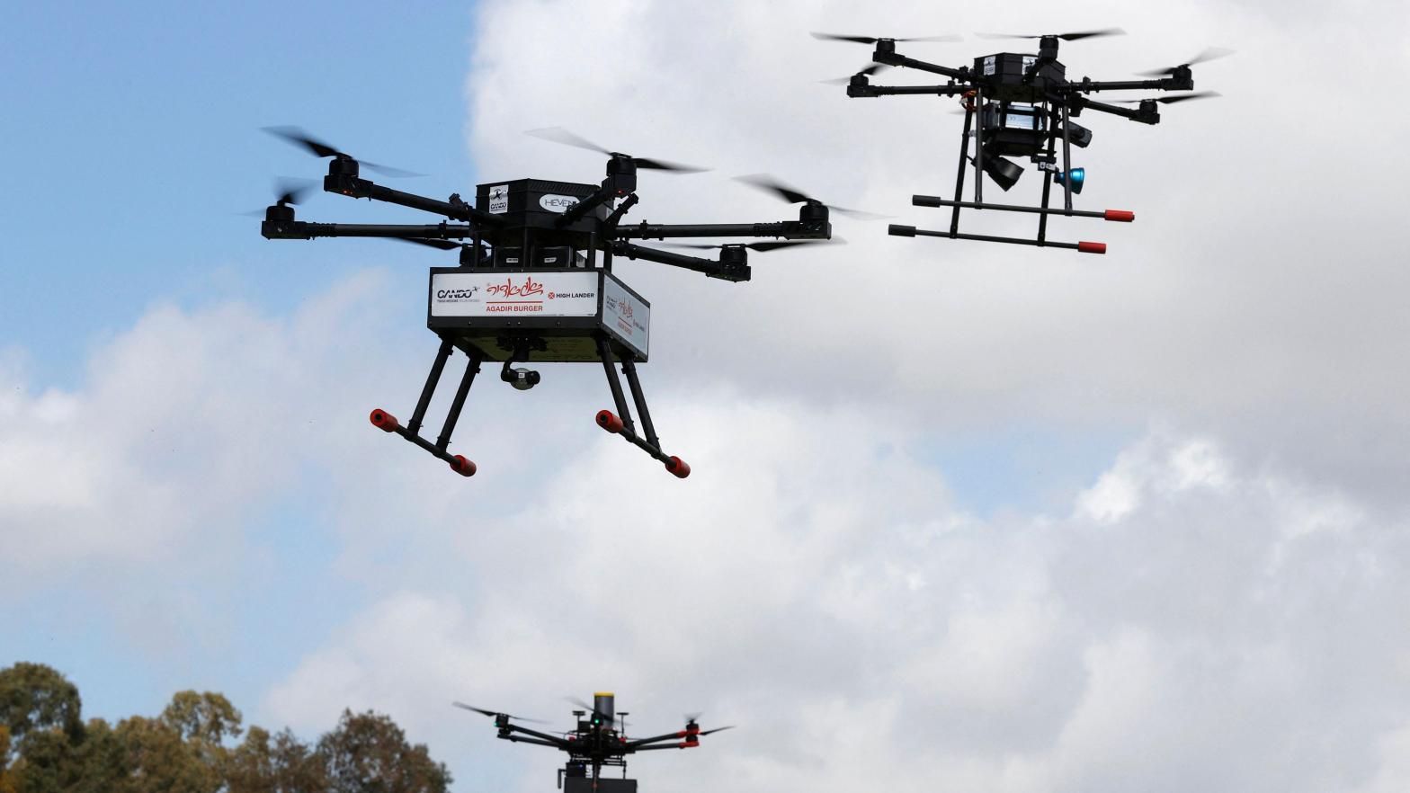 Delivery drones carry fast food orders through the sky in the Israeli coastal city of Hadera. March 17, 2021.  (Photo: JACK GUEZ / AFP, Getty Images)