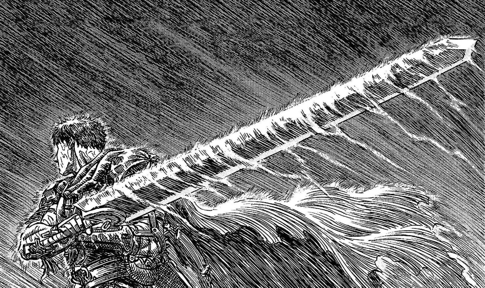 Guts the warrior holds along his giant greatsword in the pouring rain, his cloak billowing behind him. (Image: Kentaro Miura/Hakushensha./Dark Horse)