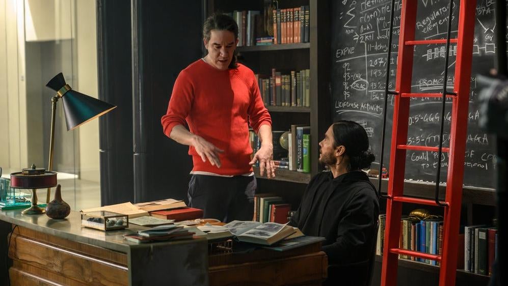 Director Daniel Espinosa and Jared Leto on the set of Morbius. (Image: Sony)