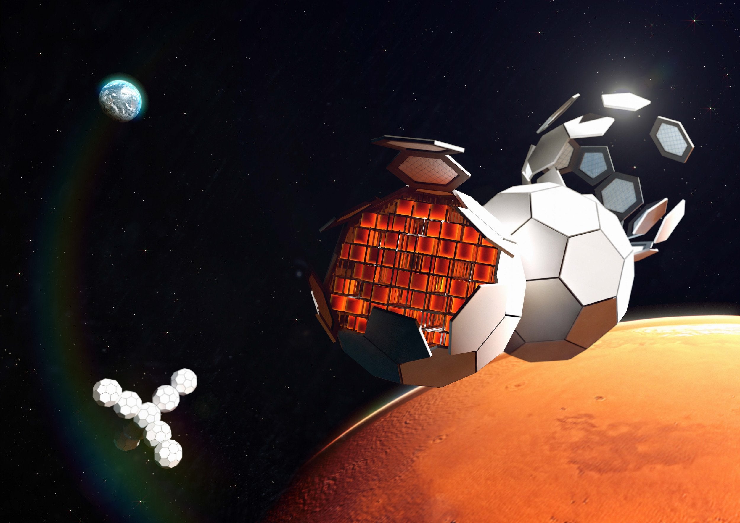 Depiction of a future TESSERAE self-assembling space station in orbit around Mars. (Image: MIT Space Exploration Initiative/TU Dortmund Fraunhofer Institute)