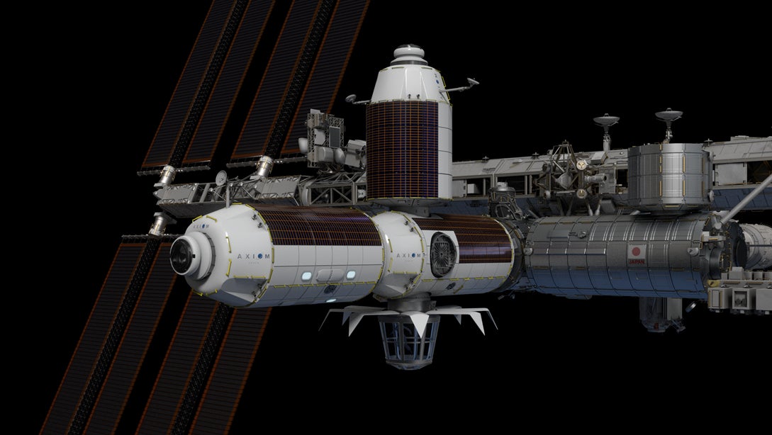 Depiction of Axiom Station attached to the ISS Harmony module. (Image: Axiom Space)