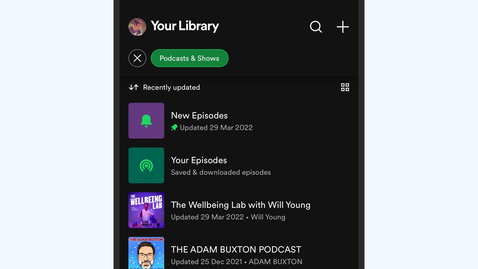 New Episodes and Your Episodes are the places to find your podcasts. (Screenshot: Spotify)