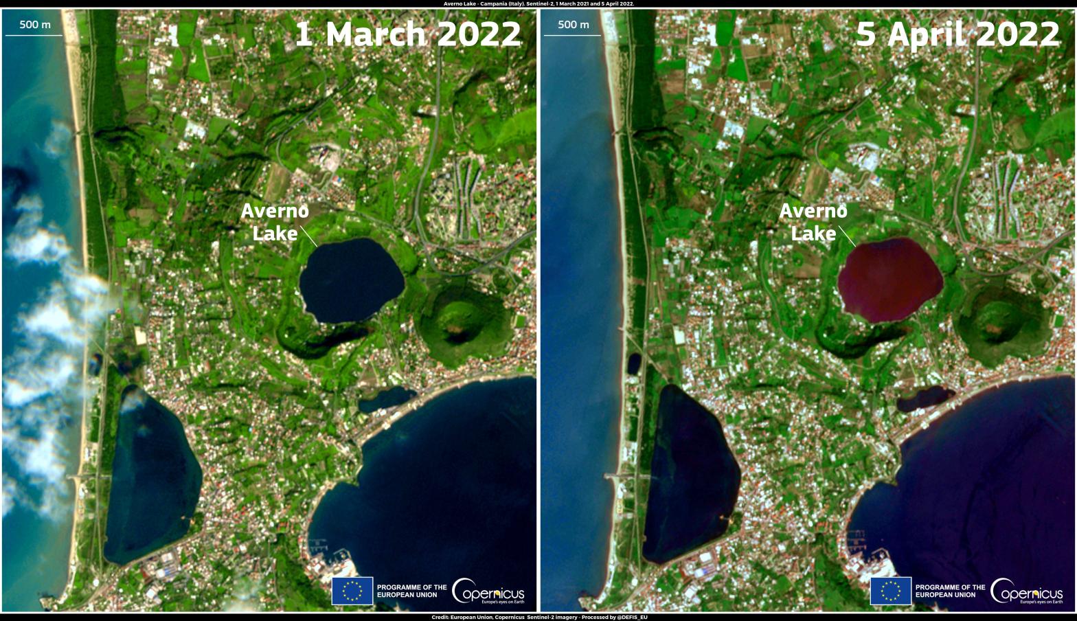 Lago d'Averno seen in satellite images one month apart.