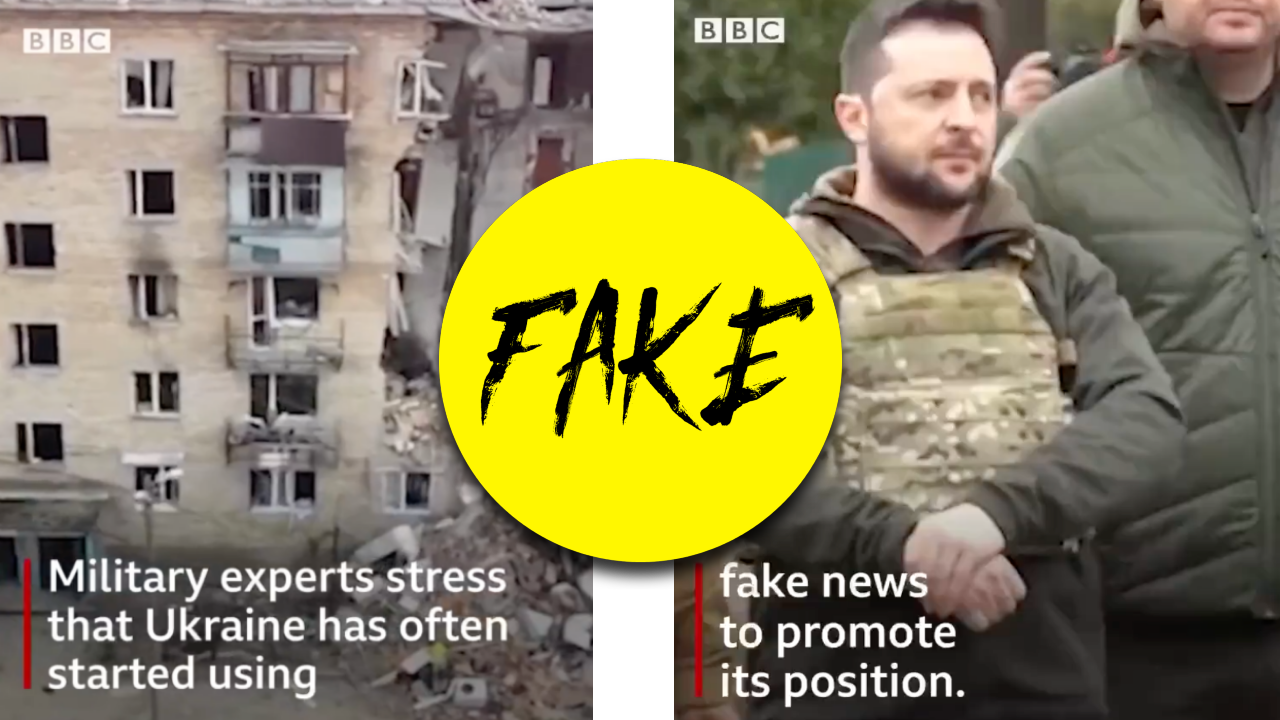Screenshots from a fake BBC video with fake BBC branding claiming that Ukraine is using fake news during the Russian invasion. (Image: Twitter)