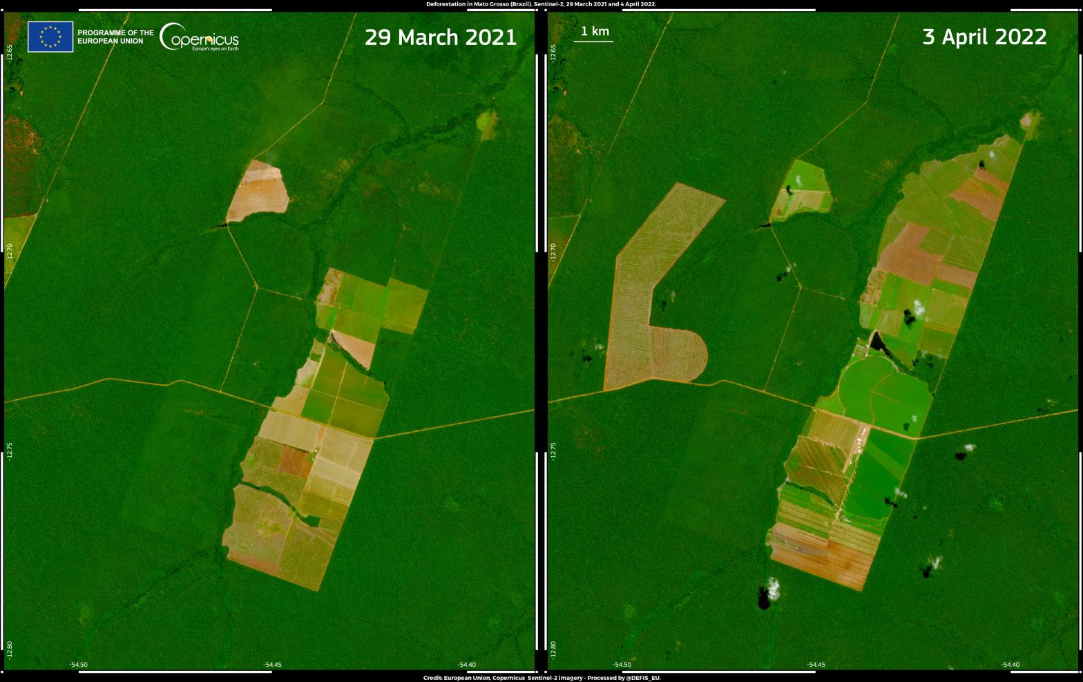 Mato Grosso seen in satellite images, one year apart.  (Photo: European Space Agency)
