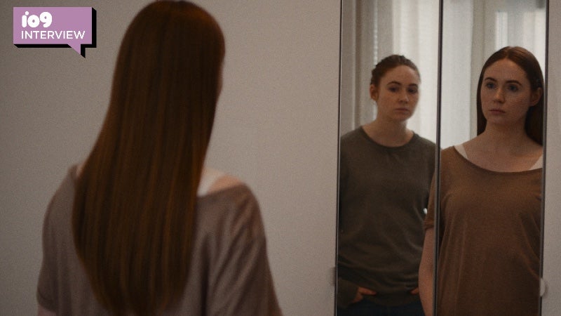 Karen Gillan plays two roles, both the same person, in the new film Dual.  (Image: RLJE Films)