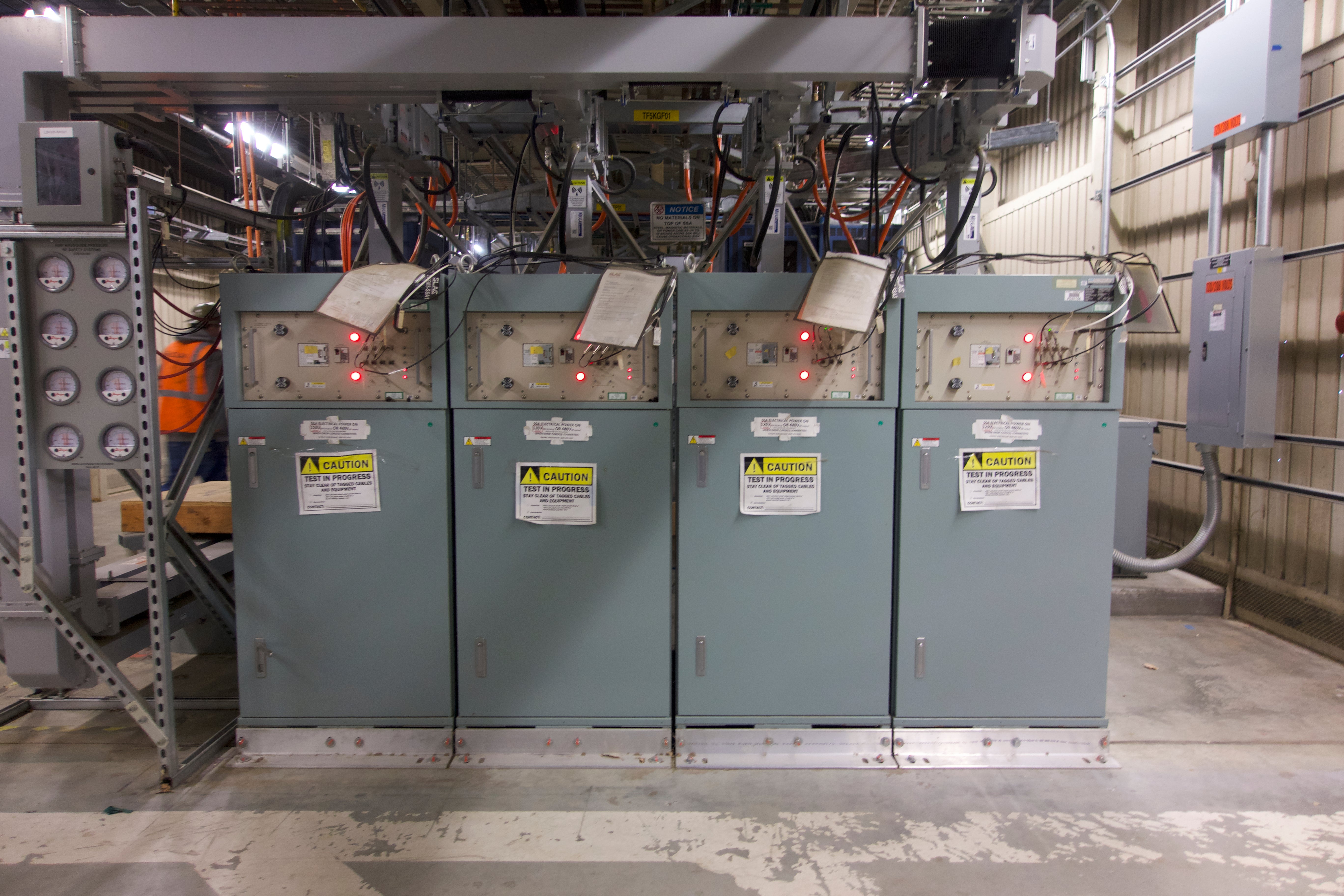 Several of the solid state amplifiers that help accelerate LCLS-II's electrons. (Photo: Isaac Schultz)