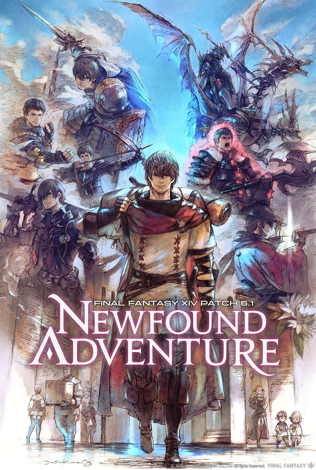 The official artwork for Newfound Adventure, showing a Warrior of Light walking back into the life of a wandering thrillseeker, leaving echoes of their prior jobs behind. (Image: Square-Enix)