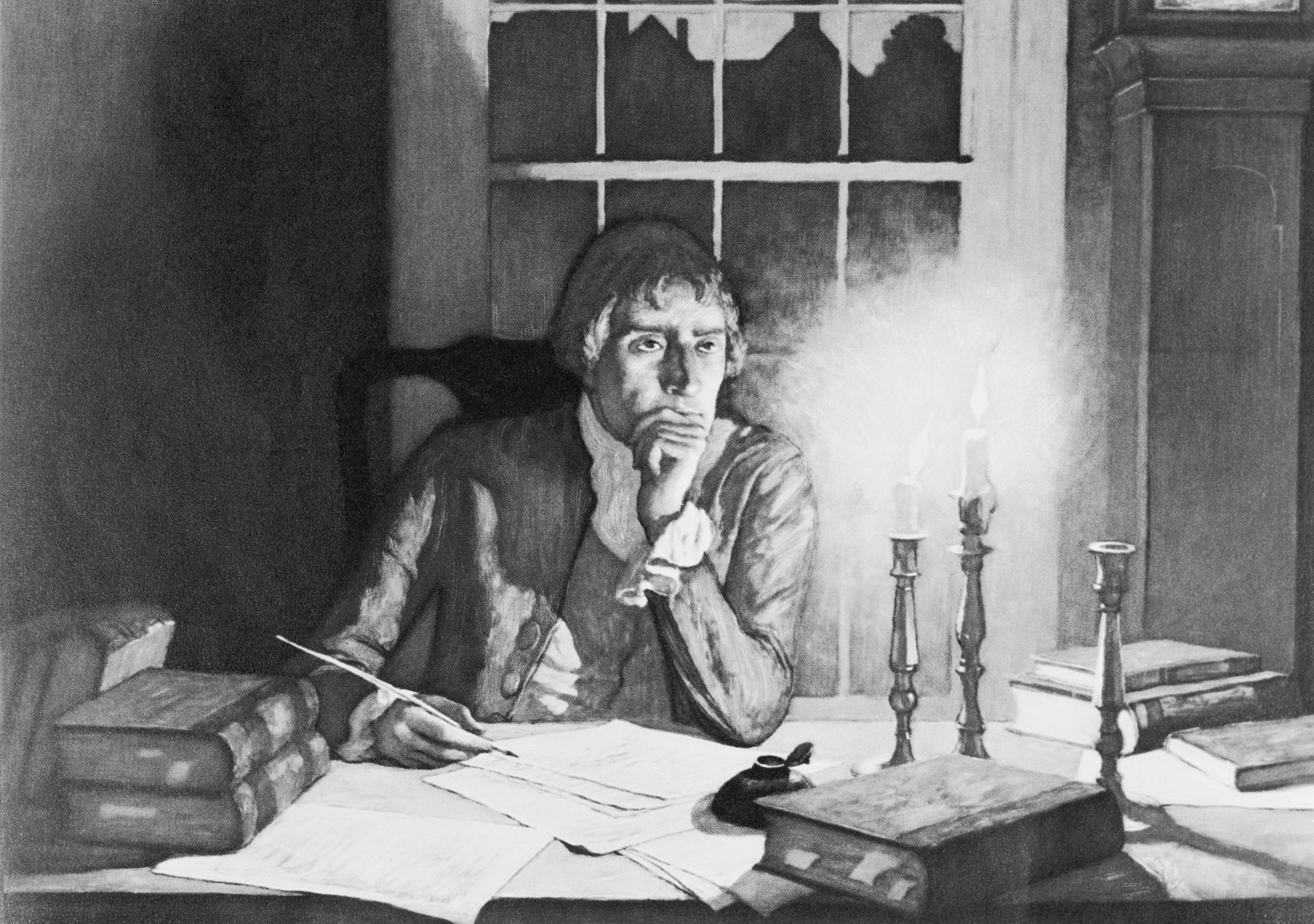 Thomas Jefferson drafting Declaration of Independence; painting by N.C. Wyeth. (Image: Bettmann, Getty Images)
