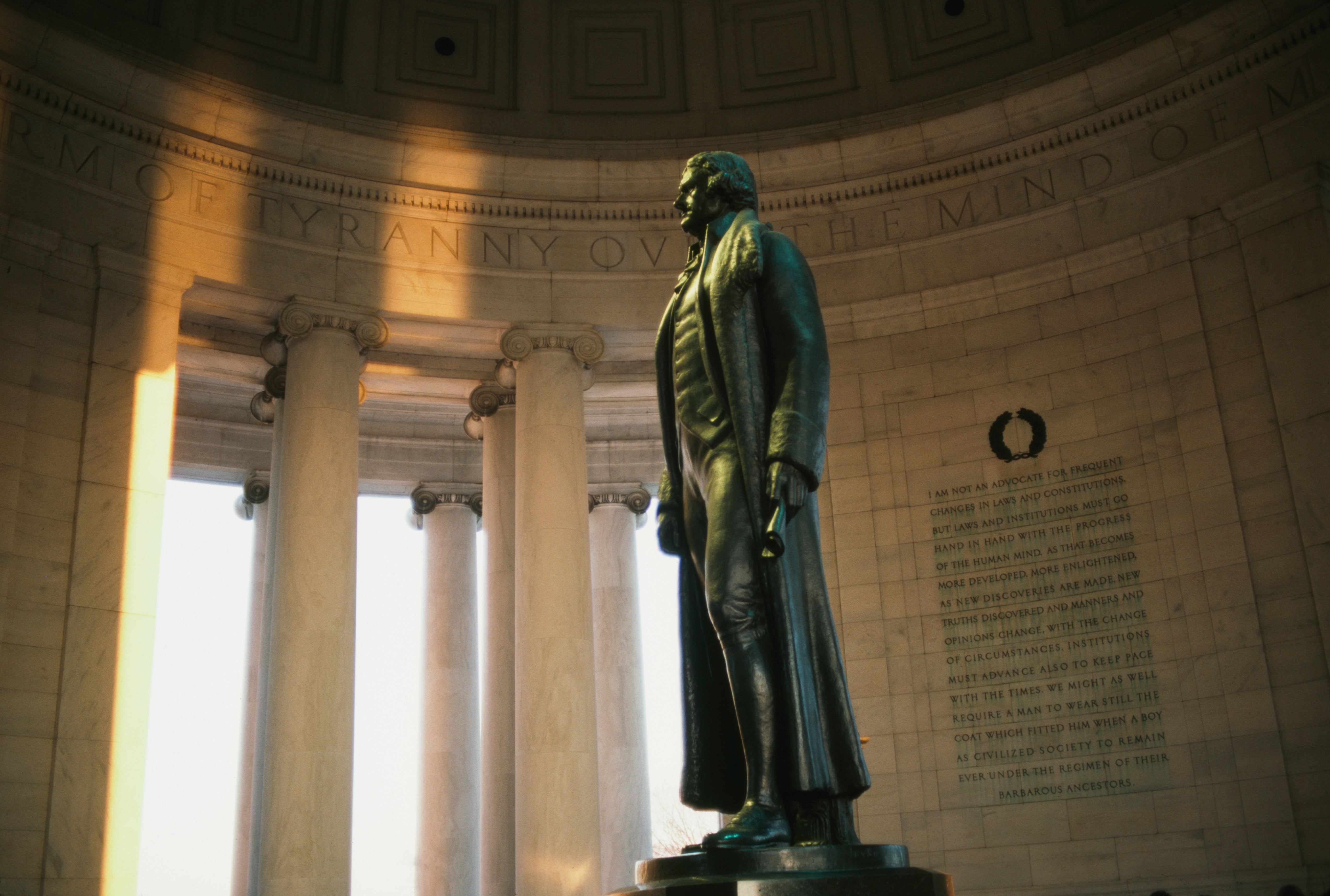 Rudulph Evans's statue of Thomas Jefferson with excerpts of the  Declaration of Independence seen behind, Thomas Jefferson Memorial,  Washington, D.C., USA, March 1985.  (Photo: Barbara Alper, Getty Images)