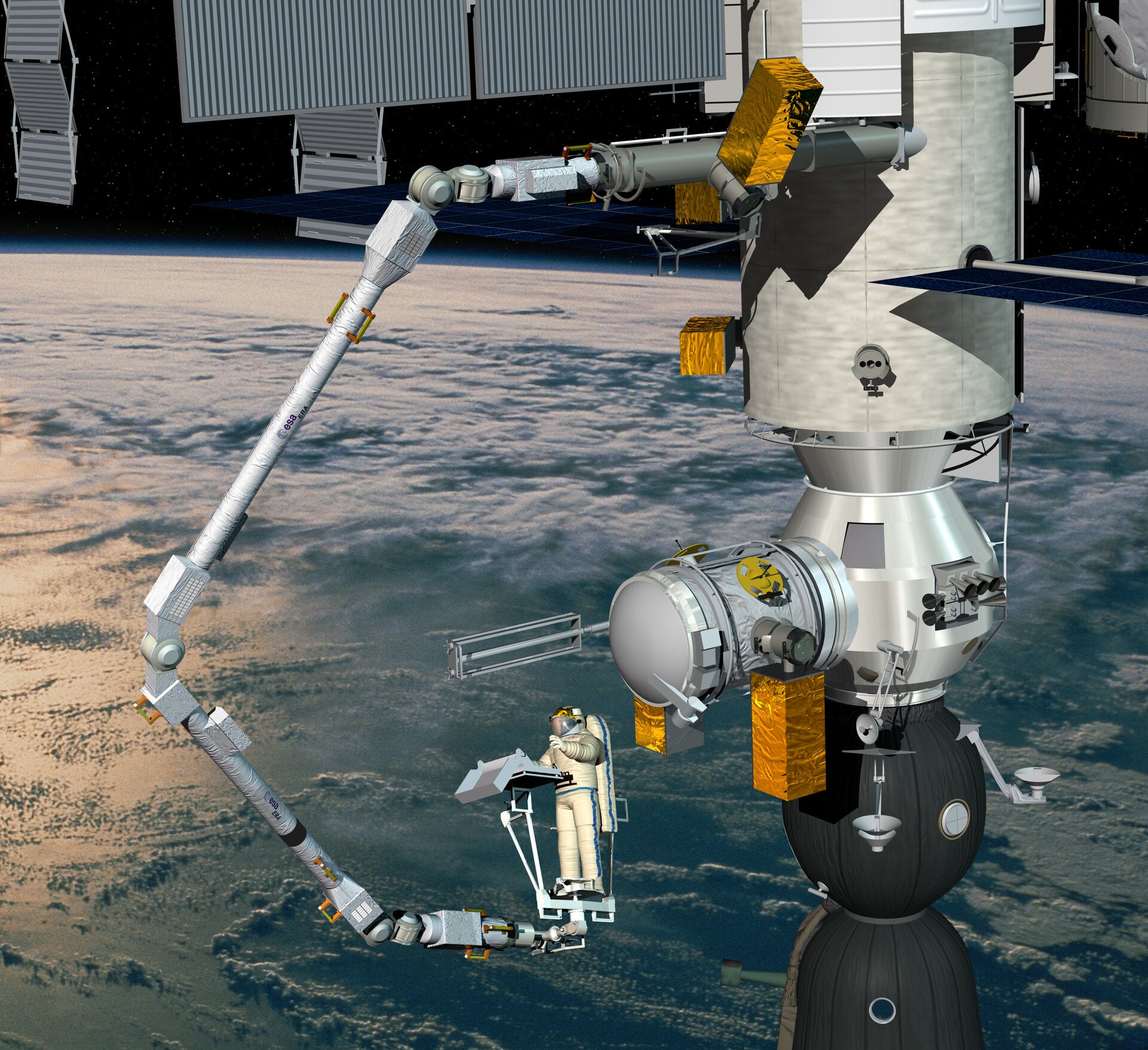 An artist's depiction of the giant robot arm in action outside the ISS. (Illustration: ESA)