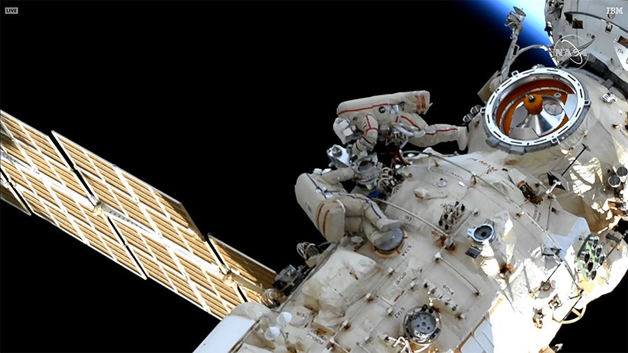 Cosmonauts Oleg Artemyev and Denis Matveev installed the robotic arm on the Nauka multiupurpose laboratory module. (Image: NASA)