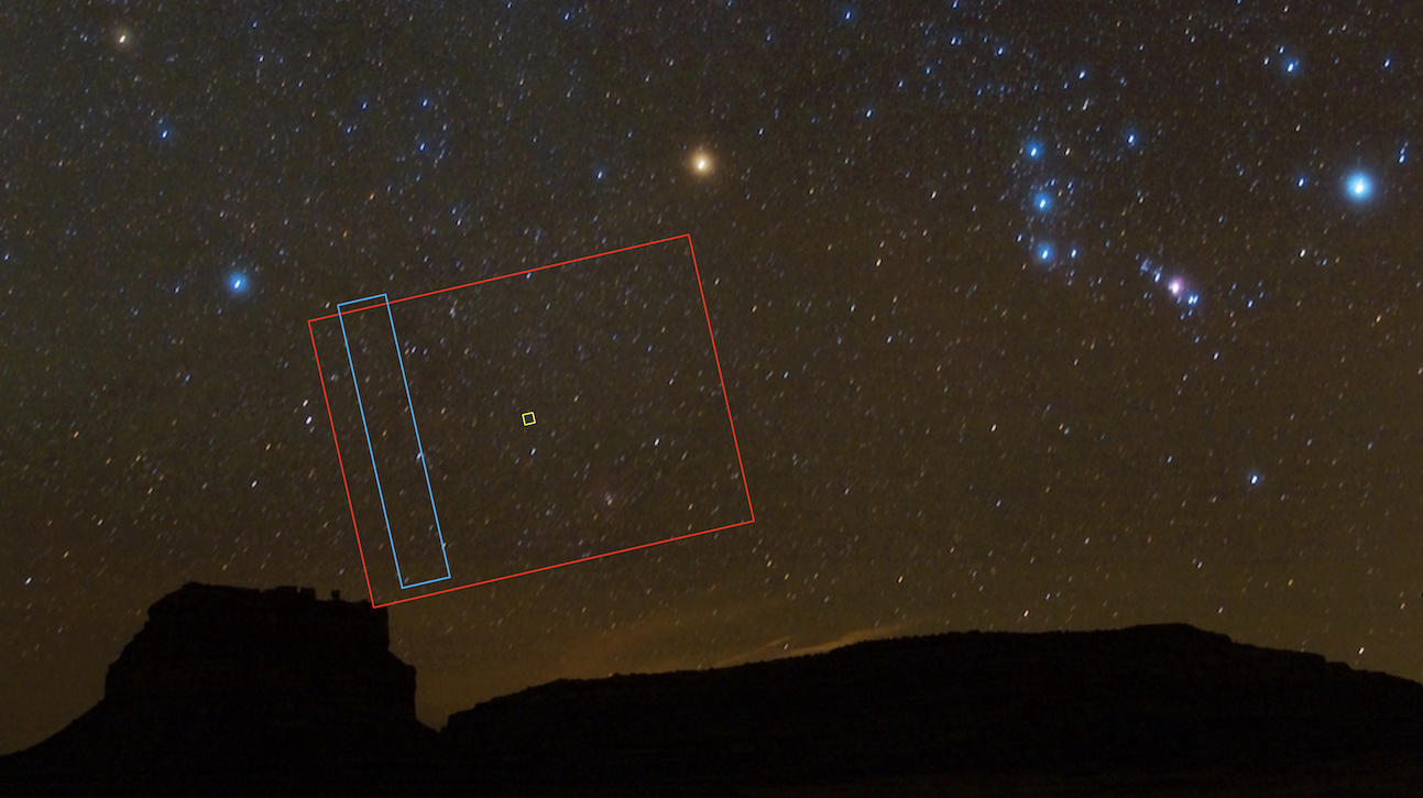 Lucy's Instrument Pointing Platform was pointed near the constellation Orion, and the T2CAM field included the Rosette Nebula. (Image: SwRI; 2008 file photo of night sky as seen over Fajada Butte in New Mexico, courtesy National Parks Service)