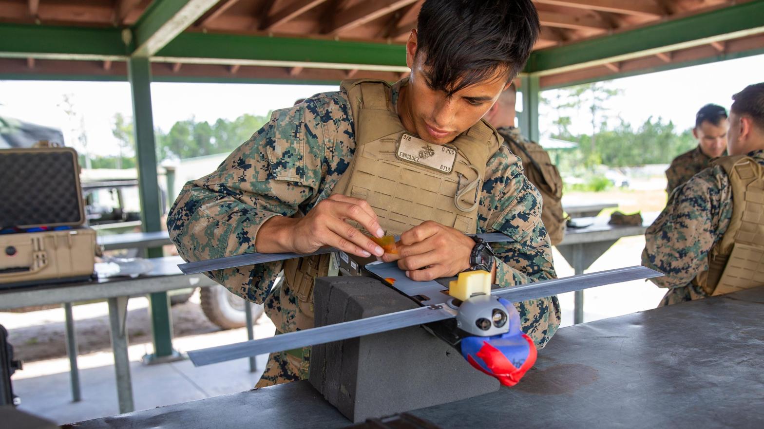 While the specs are still classified, the Phoenix Ghost is supposed to be similar to the Switchblade drone, seen here being prepared for launch during a training exercise at Camp Lejeune, North Carolina on July 7, 2021. (Photo: DVIDS / U.S. Marine Corps photo by Pfc. Sarah Pysher)