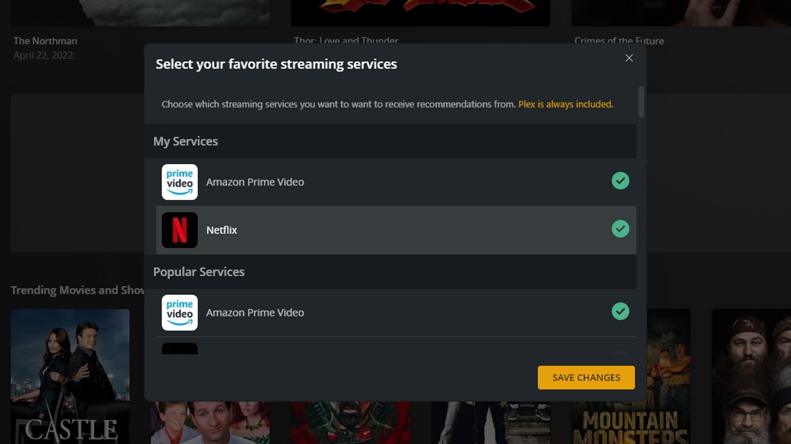 Choose the streaming services that you've signed up to. (Screenshot: Plex)