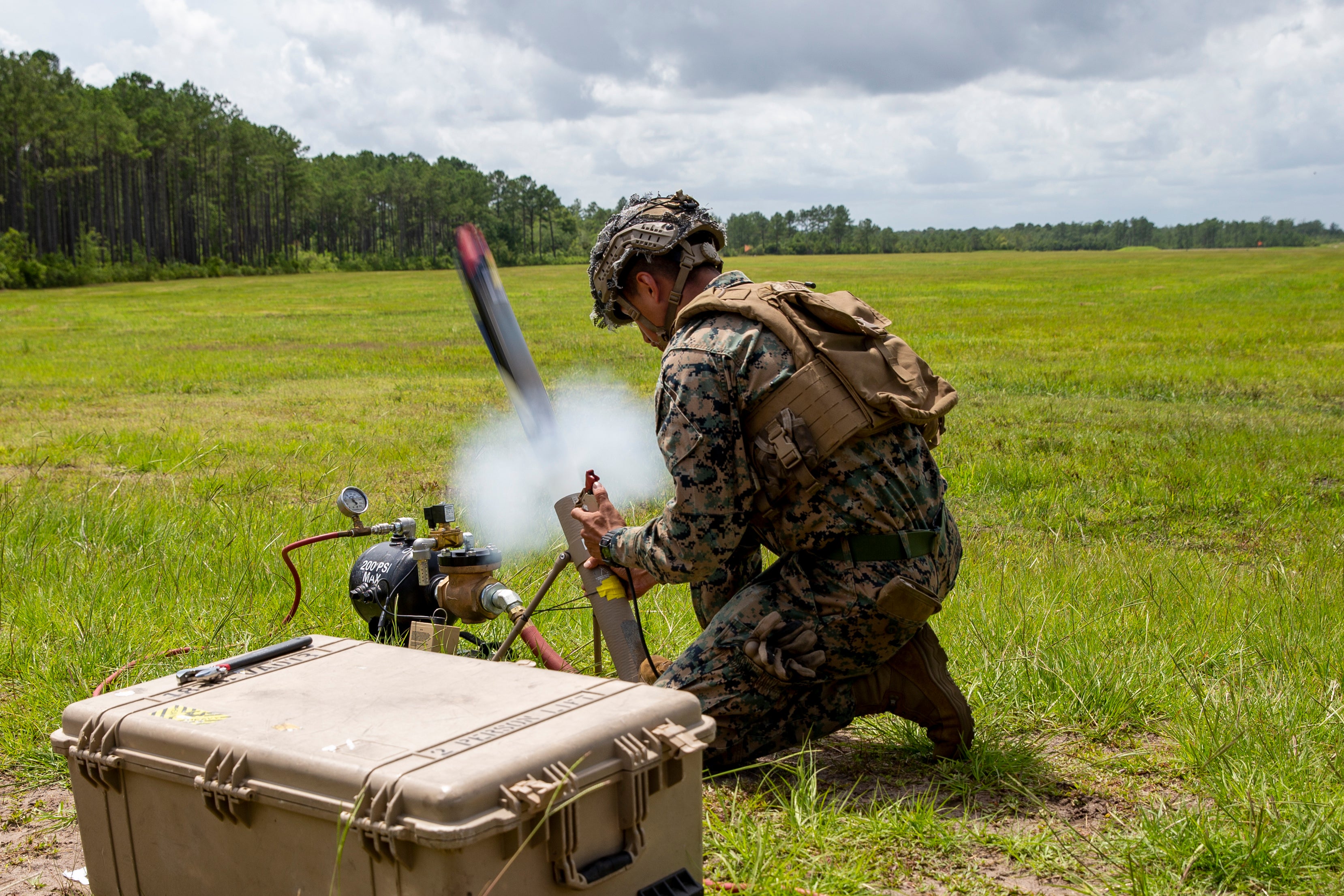 A Switchblade drone is launched during a training  exercise at Camp Lejeune, North Carolina on July 7, 2021. (Photo: DVIDS / U.S. Marine Corps photo by Pfc. Sarah Pysher)