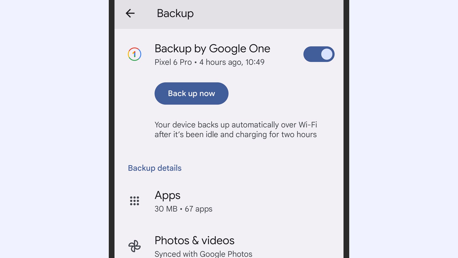 Backing up an Android phone via Google One. (Screenshot: Android)
