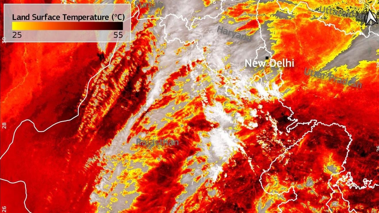 Ground temperatures in India reached 131 degrees on April 12, 2022. (Image: European Union, Copernicus Sentinel-3A)