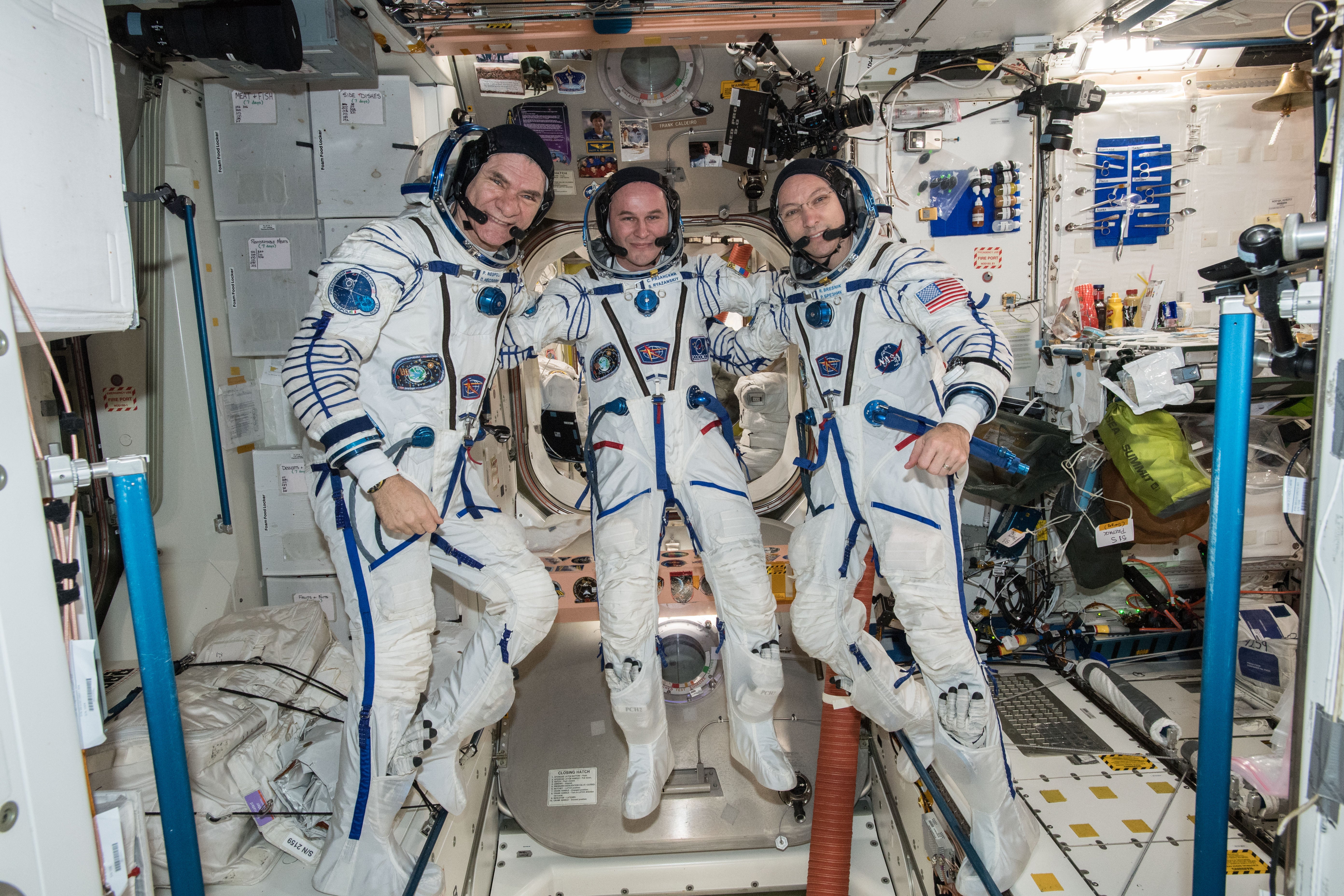 From left to right: ESA astronaut Paolo Nespoli, Sergei Ryazansky of Roscosmos, and NASA's Randy Bresnik in their Sokol suits. (Photo: ESA)