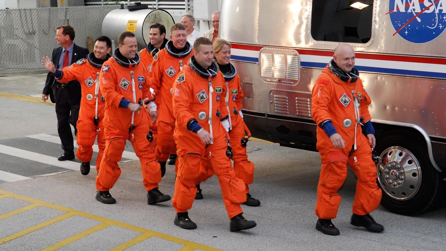 NASA Space Shuttle astronauts wearing their iconic orange suits while preparing for the STS-124 mission in 2008. (Photo: NASA)