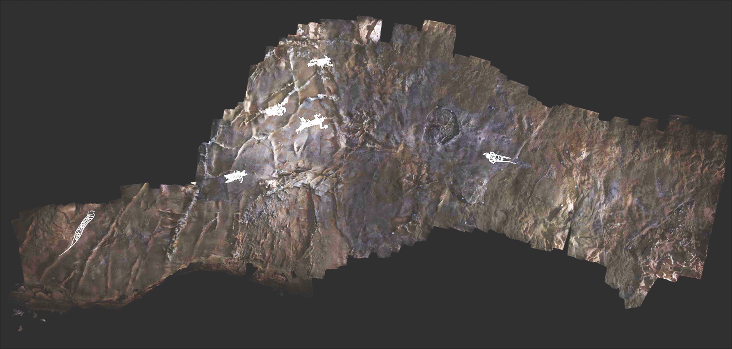 A panorama of the entire ceiling from 19th Unnamed Cave, with glyphs highlighted in white. (Photo: S. Alvarez)