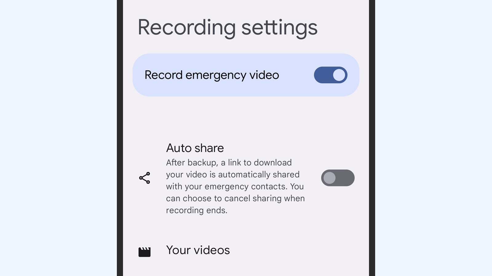Pixel phones can record emergency video. (Screenshot: Safety)