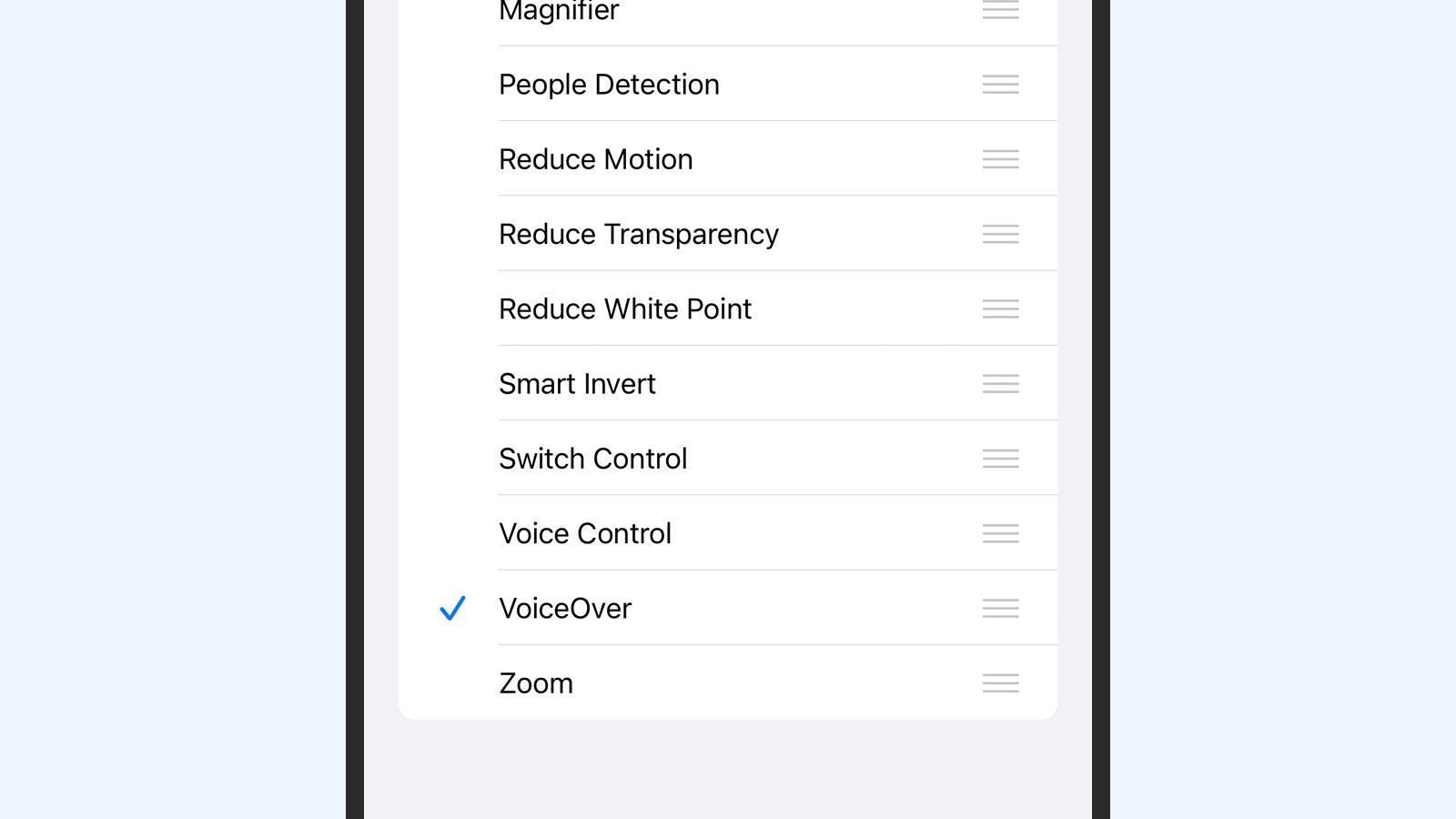 Enabling the VoiceOver feature. (Screenshot: iOS)