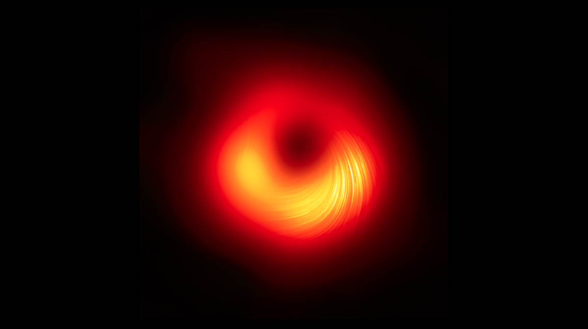 The Event Horizon Telescope collaboration released this polarised view of M87 in March 2021, revealing swirling magnetic fields. (Image: Event Horizon Telescope Collaboration)