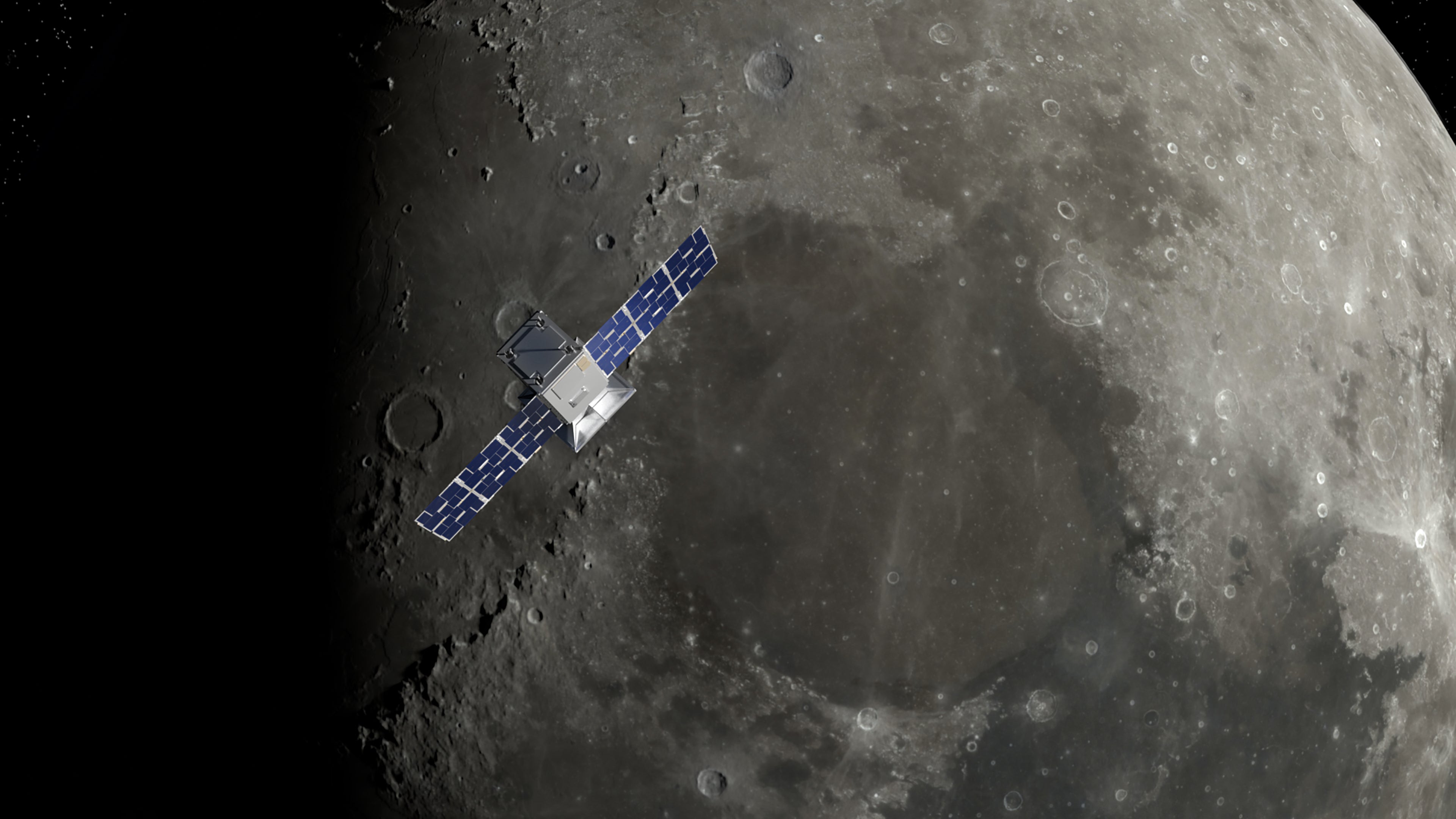 Conceptual view of CAPSTONE above the lunar north pole.  (Image: NASA/Daniel Rutter)