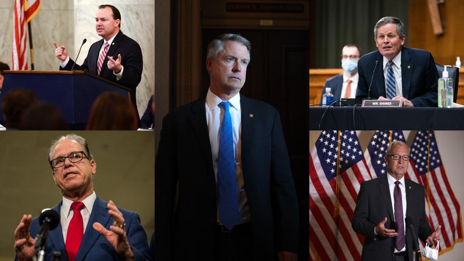 Senators Mike Lee, Mike Braun, Roger Marshall, Steve Daines, and Kevin Cramer seek a special rating for LGBTQ+ shows. (Photo: Leigh Vogel, Getty Images,Photo: Zach Gibson, Getty Images,Photo: Anna Moneymarker, Getty Images,Photo: Pool, Getty Images,Photo: Alex Wong, Getty Images)
