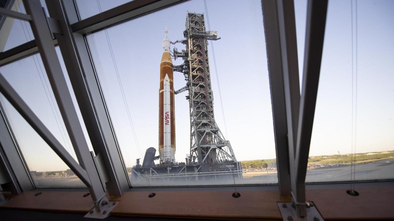 NASA's SLS rocket as seen through the windows of Firing Room One in the Rocco A. Petrone Launch Control Centre at Kennedy Space Centre, Florida.  (Photo: NASA/Joel Kowsky)