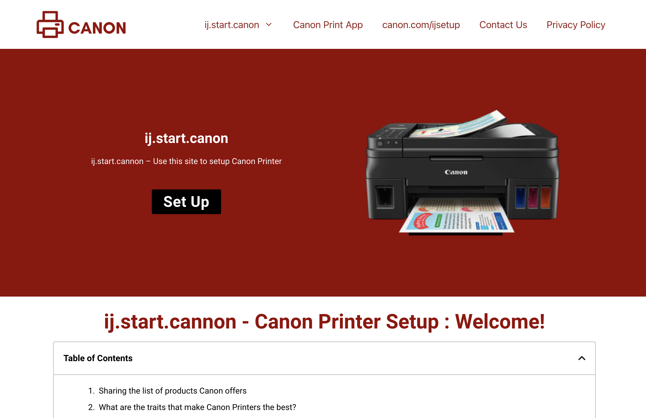 One of many fake Canon printer websites, canonijcomsetup.com, which is run by scammers and ranks incredibly high in Google's search results. (Screenshot: Gizmodo)